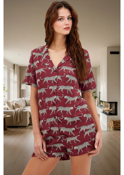 Yazlık Animal Desenli Pijama Takımı Shally Dokuma Viskoz Rahat Kalıp Dayanıklı Malzeme