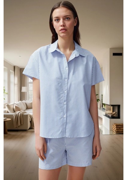 Şık Çizgili Pijama Takımı Poplin Dokuma Rahat Kalıp Trend Tasarım Modern Stil