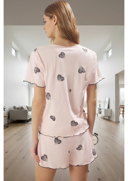 Pamuklu Rahat Kalıp Pijama Takımı Kalpli Desenli Yazlık Homewear Profesyonel Görünüm