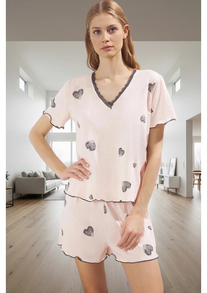 Pamuklu Rahat Kalıp Pijama Takımı Kalpli Desenli Yazlık Homewear Profesyonel Görünüm fiyatları