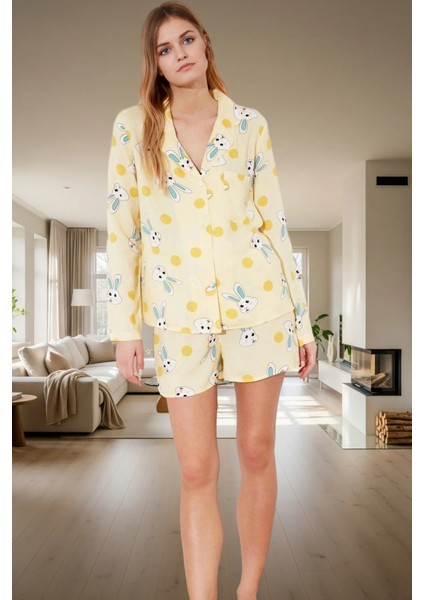 Rahat Viskoz Pijama Takımı Tavşan Desenli Şortlu Düğmeli Boru Paça Evde Konfor