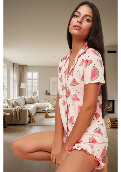 Rahat %100 Pamuklu Karpuz Desenli Pijama Takımı Kısa Kollu Boru Paça Regular Kalıp Konforlu Kesim