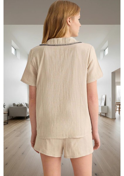 Pamuklu Müslin Pijama Takımı Şortlu Karyoka Dikişli Rahat Kalıp Zarifane Tasarım modelleri