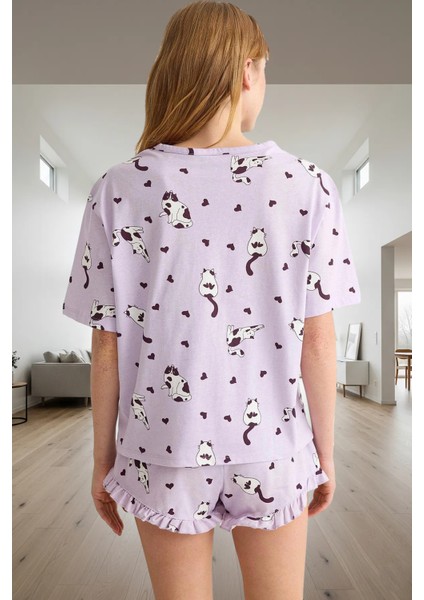 Rahat %100 Pamuklu Pijama Takımı Kedi Desenli Şort ve Tişört Zarifane Tasarım Kullanım modelleri