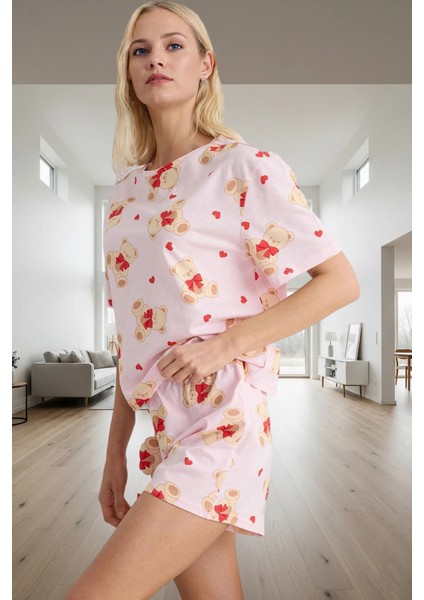 Rahat %100 Pamuklu Yazlık Pijama Takımı; Ayıcıklı Desenli Şortlu Zarifane Tasarım Şık Görünüm