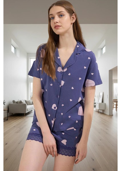 Pamuklu Örme Pijama Takımı Kalpli Desen Kısa Kollu Gömlek Yaka Şık Görünüm Özenle Seçilmiş