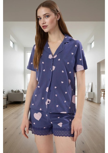Pamuklu Örme Pijama Takımı Kalpli Desen Kısa Kollu Gömlek Yaka Şık Görünüm Özenle Seçilmiş fiyatları