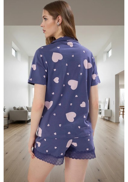 Pamuklu Örme Pijama Takımı Kalpli Desen Kısa Kollu Gömlek Yaka Şık Görünüm Özenle Seçilmiş modelleri
