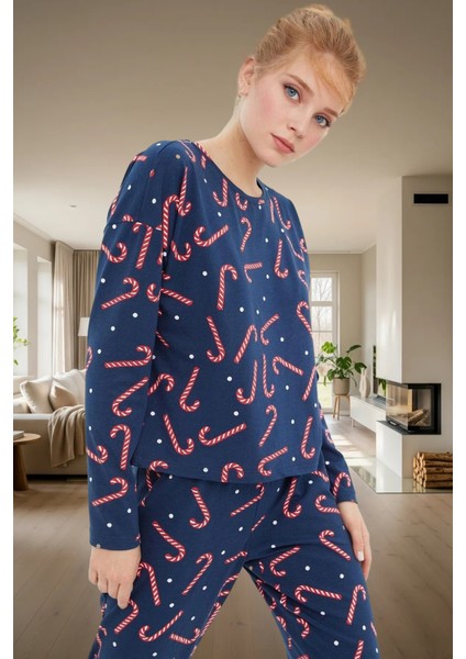 Yumuşak Pamuklu Örme Pijama Yılbaşı Temalı 2'li Set Uzun Paça Modern Stil Günlük Kullanım Için