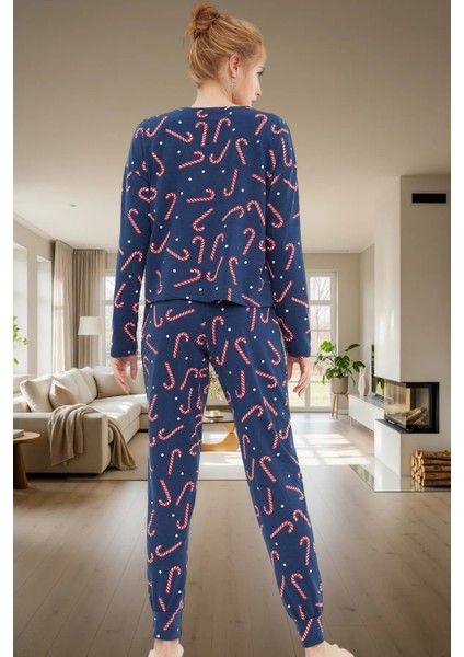 Yumuşak Pamuklu Örme Pijama Yılbaşı Temalı 2'li Set Uzun Paça Modern Stil Günlük Kullanım Için modelleri
