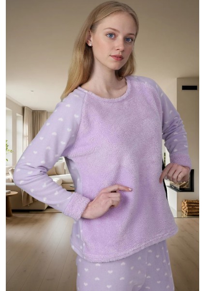 Yumuşak Polar Kumaşlı 3lü Pijama Takımı Kalpli Desenli Kışlık Set Trend Tasarım