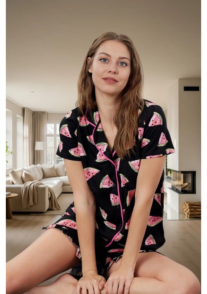 Örme Pamuklu Karpuz Desenli Pijama Takımı Yazlık Rahat Regular Kalıp ve Şık Premium Kalite
