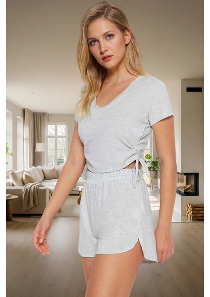 Rahat Pijama Takımı %54 Polyester %46 Pamuk Boru Paça Şort V Yaka Uzun Ömürlü Mükemmel Uyum modelleri