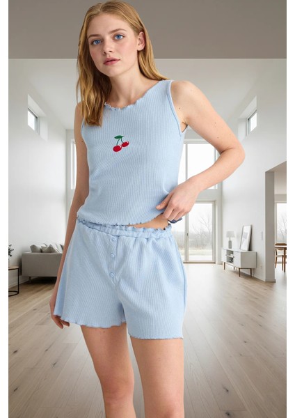 Kiraz Nakışlı Kaşkorse Örme Pijama Takımı Rahat ve Şık Yazlık Tasarım Kaliteli Işçilik fiyatları