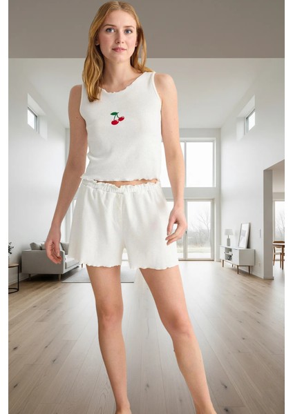 Kiraz Nakışlı Kaşkorse Örme Pijama Takımı Rahat ve Şık Yazlık Tasarım Kaliteli Işçilik