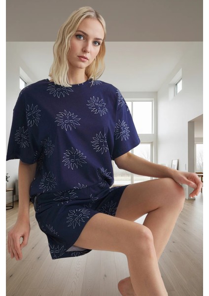 Rahat ve Şık Homewear %100 Pamuklu Güneş Desenli Pijama Takımı Profesyonel Görünüm Mükemmel Uyum fiyatları