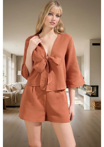 Yazlık Pijama Takımı Müslin Kumaş Şal Yaka Truvakar Kol Rahat Kesim ve Şık