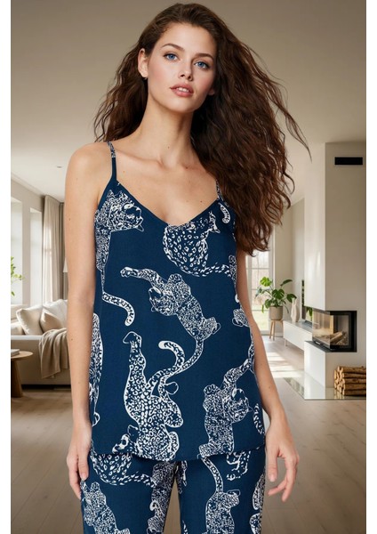 Ince Askılı Viskoz Pijama Geniş Paça ve V Yaka Tasarım Seçkin Malzeme Özenle Seçilmiş