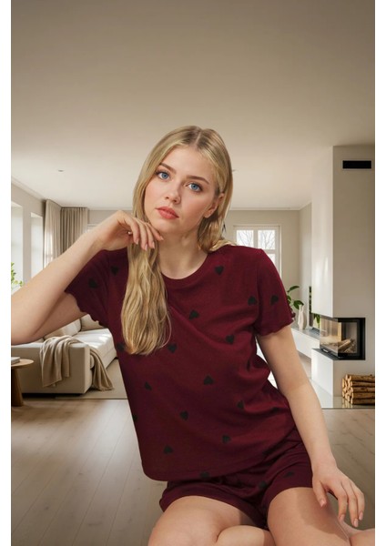 Kalpli Desenli Pijama Takımı Yumuşak Örme Kumaş Lastikli Şort 2'li Takım Premium Kalite