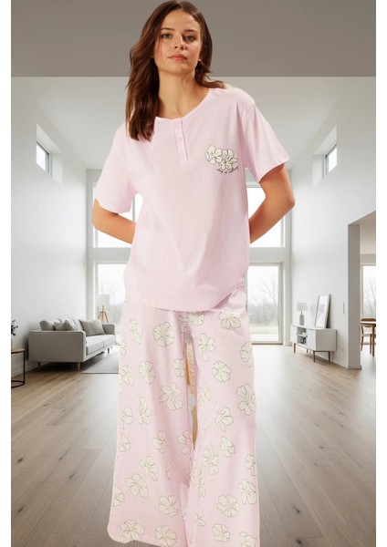 Pamuklu Örme Pijama Takımı Çiçek Desenli Rahat Kalıp Günlük Kullanım Için Özenle Seçilmiş