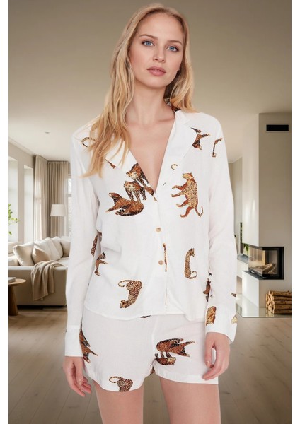 Rahat ve Şık 100% Viskon Kaplan Desenli Pijama Takımı Uzun Ömürlü Görünüm Günlük Kullanım Için