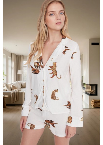 Rahat ve Şık 100% Viskon Kaplan Desenli Pijama Takımı Uzun Ömürlü Görünüm Günlük Kullanım Için fiyatları
