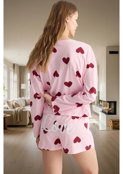 Pamuklu Ipliği Boyalı Kalpli Pijama Takımı Rahat ve Şık Homewear Özel Tasarım