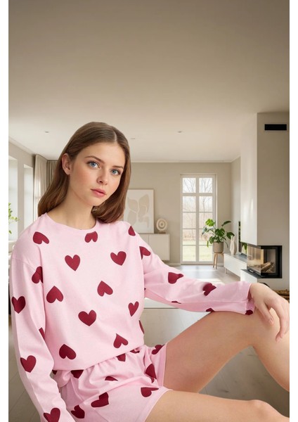 Pamuklu Ipliği Boyalı Kalpli Pijama Takımı Rahat ve Şık Homewear Özel Tasarım fiyatları