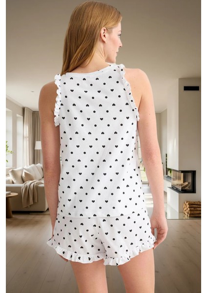 Pamuklu Örme Pijama Takımı Kalpli Desenli Büzgülü Kol Kısa Paça Regular Kalıp Konforlu Kesim modelleri