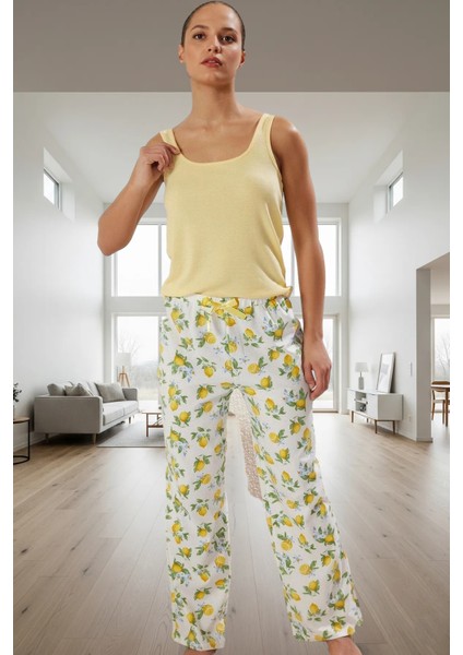 Nefes Alan Örme Pijama Limon Desenli Atlet ve Boru Paça Pantolon Rahat Kullanım Trend Tasarım
