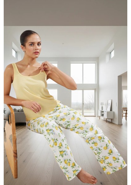 Nefes Alan Örme Pijama Limon Desenli Atlet ve Boru Paça Pantolon Rahat Kullanım Trend Tasarım fiyatları