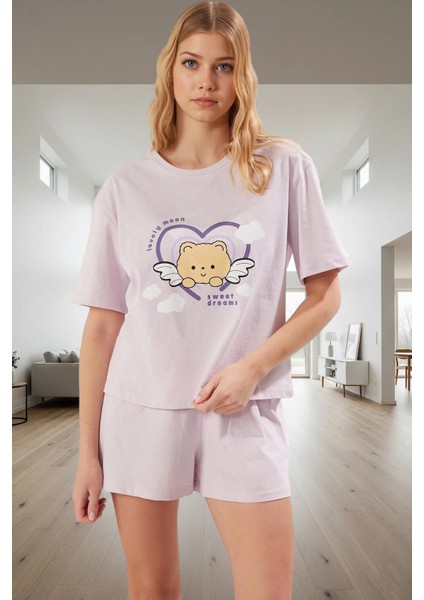 Yazlık %100 Pamuk Pijama Takımı Ayıcıklı Şortlu Tasarım Rahat Kesim Trend