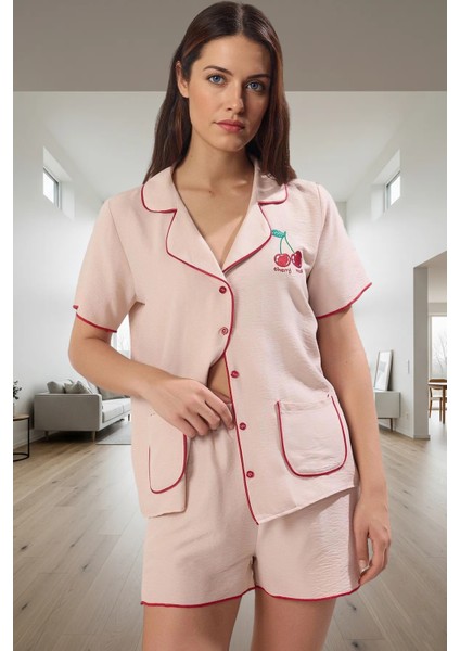Rahat Saten Pijama Takımı Kiraz Nakış Detayı ile Şık Ev Giyim Seti Özenle Seçilmiş