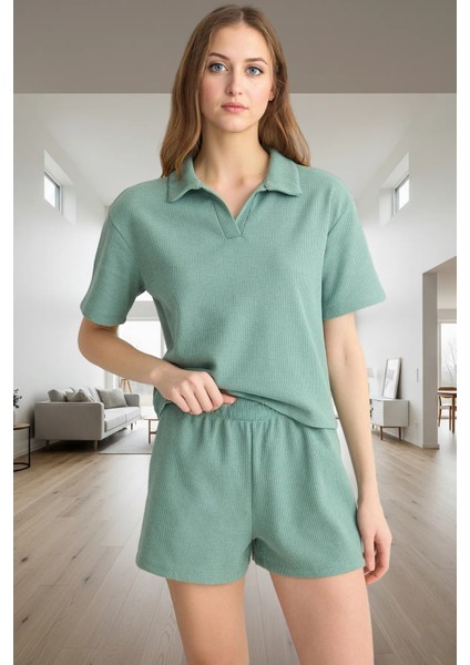 Örme Pijama Takımı Waffle Kumaş Boru Paça Şort Rahat Kalıp Evde Konfor Kaliteli Işçilik