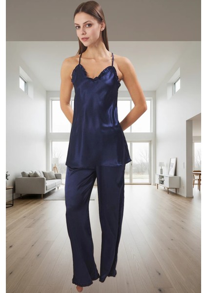 Rahat Saten Pijama Takımı Fırfırlı Ince Askılı Ev Giyim Seti Seçkin Malzeme fiyatları
