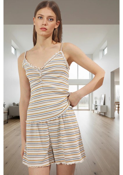Çizgili Rahat Homewear Pijama Takımı Örme Kumaş V Yaka Boru Paça Şort Günlük Kullanım Için fiyatları