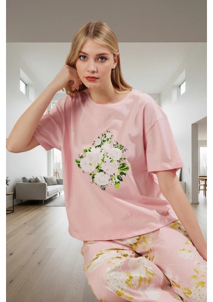 Örme Pamuklu Pijama Takımı Çiçek Desenli Bisiklet Yaka Rahat Kalıp Şık Görünüm