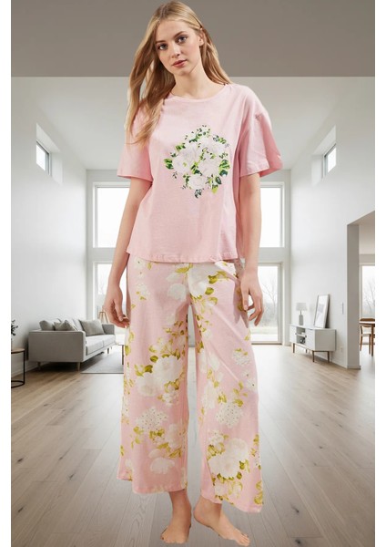 Örme Pamuklu Pijama Takımı Çiçek Desenli Bisiklet Yaka Rahat Kalıp Şık Görünüm fiyatları
