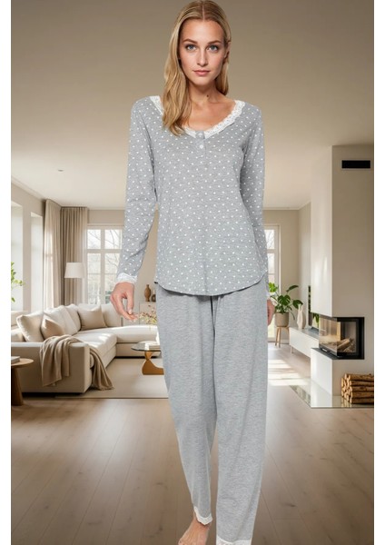 Rahat Pijama Takımı Pamuklu Örme Puantiyeli Desen Dantel Detay Günlük Kullanım Için