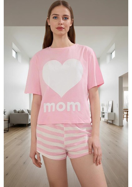 Anne Kız Pijama Takımı %100 Pamuk Örme Kumaş Rahat Kalıp Çizgili Şort Zarifane Tasarım