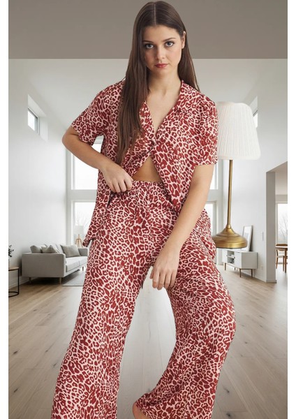 100% Viskoz Leopar Desenli Regular Kalıp Pijama Takımı Yaz Konforu Uzun Ömürlü Şık Görünüm fiyatları