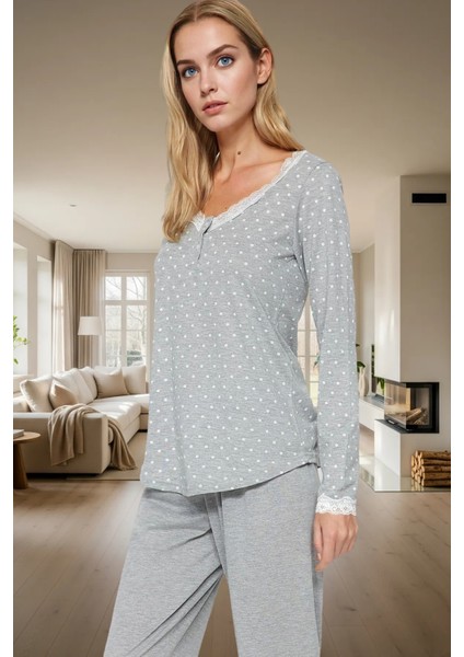 Puantiyeli Dantel Detaylı Pamuklu Örme Pijama Takımı Kışlık Konfor Mükemmel Uyum Trend Tasarım