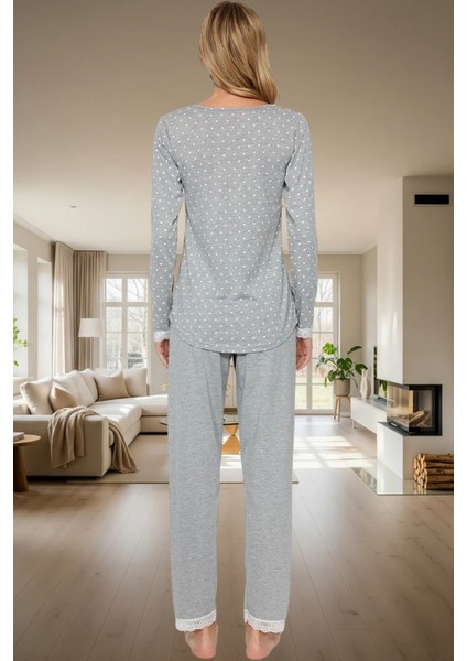 Puantiyeli Dantel Detaylı Pamuklu Örme Pijama Takımı Kışlık Konfor Mükemmel Uyum Trend Tasarım modelleri