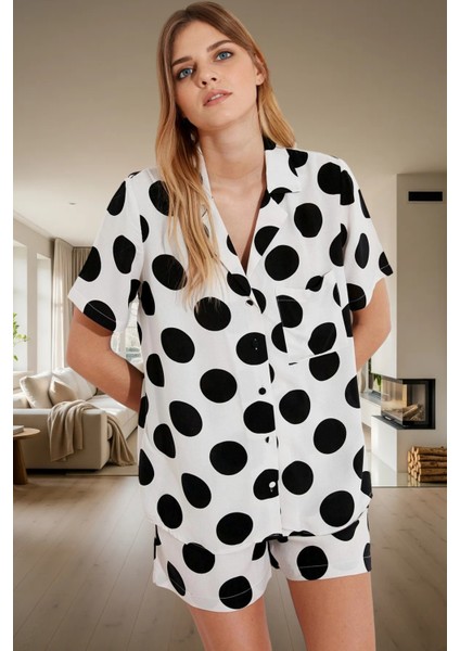 Şık Puantiyeli Viskon Pijama Takımı Dokuma Kumaş Regular Kalıp Yazlık Dayanıklı Malzeme