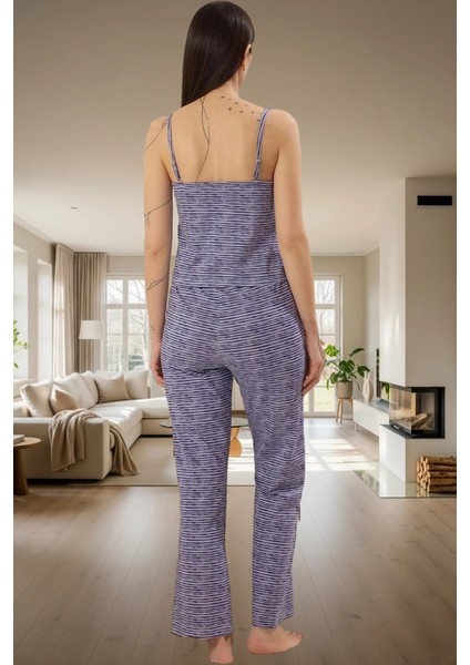 Ince Askılı Pamuklu Pijama Takımı Çizgili Desen V Yaka Regular Kalıp Yüksek Kalite Rahat Kullanım modelleri