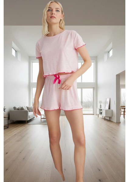 Rahat Yazlık Pijama Takımı Viskoz Süprem Örme Kumaş Fırfır Detay Modern Stil
