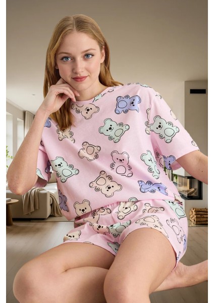 Rahat %100 Pamuklu Pijama Takımı Ayıcık Desenli Yazlık Şortlu Şık Görünüm Özenle Seçilmiş