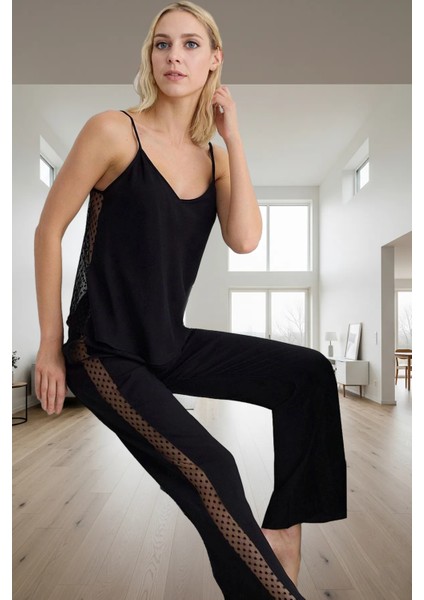 Ince Askılı Dantelli Viskoz Pijama Takımı Ev Giyim Özenle Seçilmiş Özel Tasarım