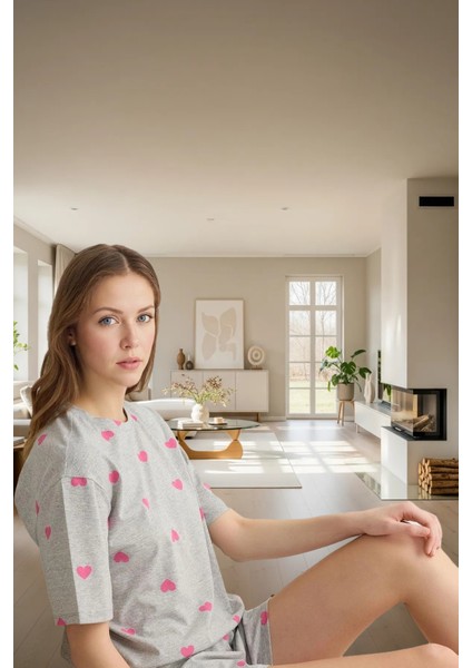 Kalp Desenli Örme Pijama Takımı Yaz Için Mükemmel Konfor Trend Tasarım Rahat ve Şık