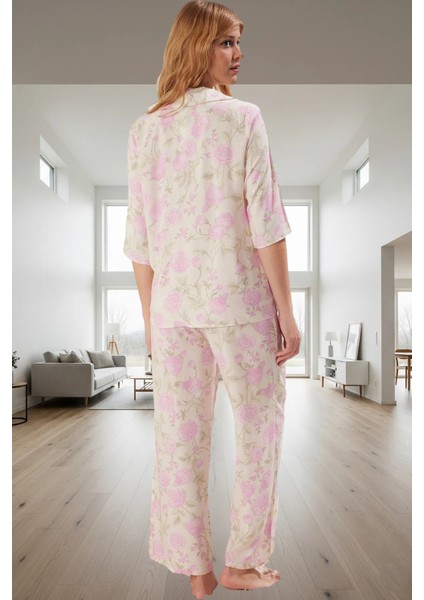 Rahat Nefes Alabilir 100% Viskoz Shally Dokuma Pijama Takımı Truvakar Kol Dayanıklı Malzeme modelleri